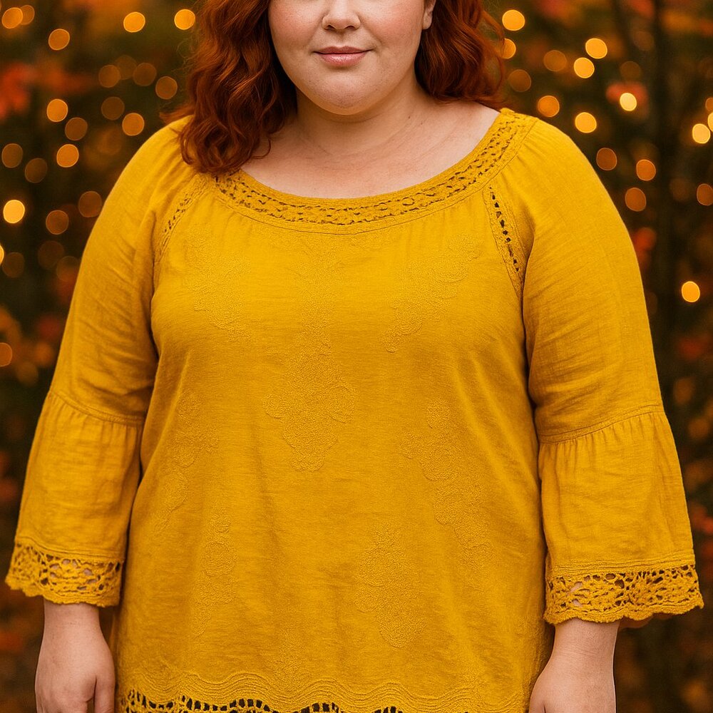Women’s Mustard Yellow Crochet Trim Tunic Top (Size 26/28W)